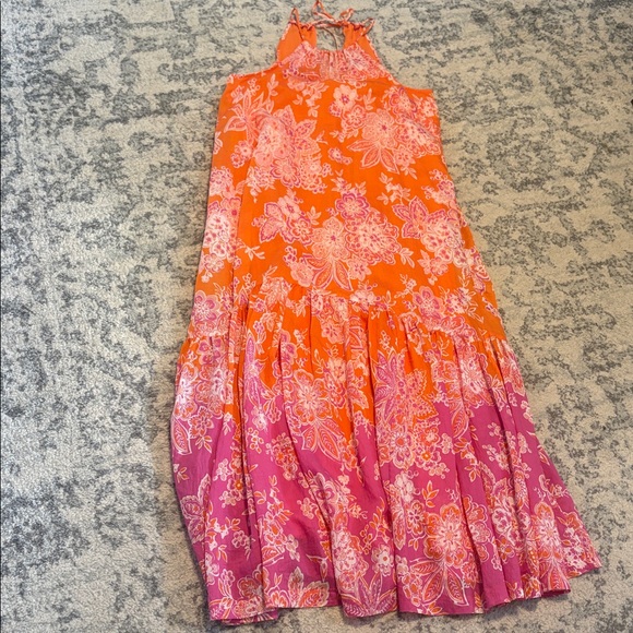 Maeve Anthropologie Orange and Pink Floral Flounced Hem Halter Maxi Size Large - Picture 2 of 7